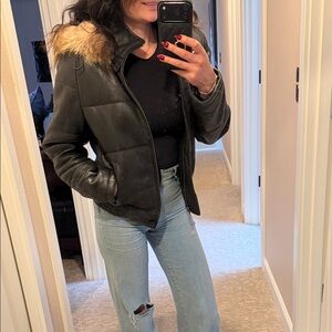 Black Genuine Leather Puffer Jacket with Fur Trim size small
